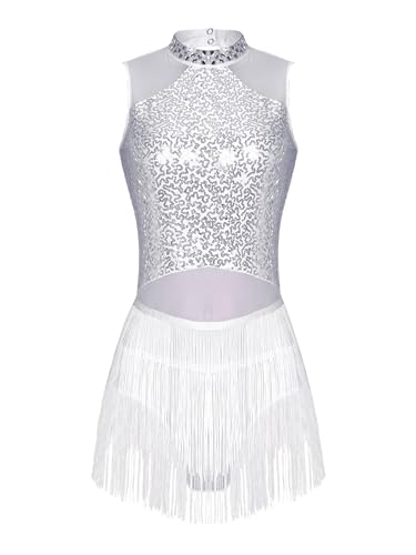 TTAO Damen Pailletten Tanz-Body Ballettbody Ärmellos Glitzer Gymnastikbody Ballett Trikot Leotard Latein Overalls Turnanzug Ballettanzug Weiß A S von TTAO