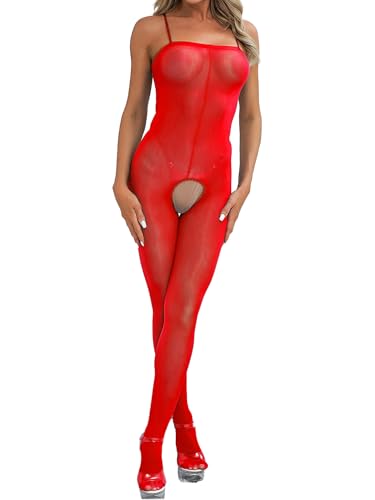 TTAO Damen Wetlook Bodystocking Dessous offener Schritt Nylon Strumpfhose durchsichtige Ganzkörper Reizwäsche Babydoll Jumpsuit Rot im Schritt Einheitsgröße von TTAO