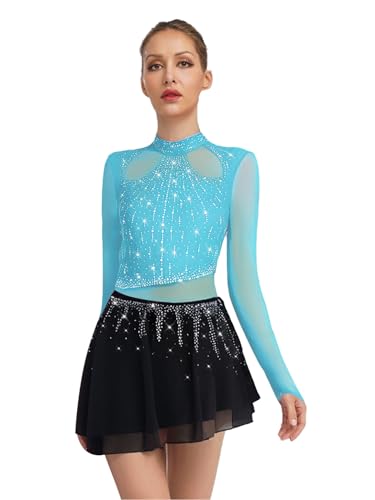TTAO Damen Tanzkleid Eiskunstlauf-Kleid Strass Langarm Ballettanzug Tango Mesh Patchwork Trikot Kleider Eislaufen Wettkämpfe Bekleidung Hellblau M TTAO Damen Tanzkleid Eiskunstlauf-Kleid Strass Langarm Ballettanzug Tango Mesh Patchwork Trikot Kleider Eislaufen Wettkämpfe Bekleidung Hellblau M von TTAO