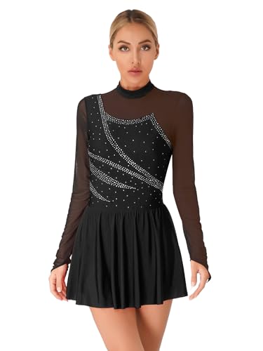 TTAO Damen Tanzkleid Eiskunstlauf-Kleid Strass Langarm Mesh Patchwork Ballettanzug Tango Tanz Trikot Kleider Eislaufen Wettkämpfe Bekleidung Schwarz B S von TTAO