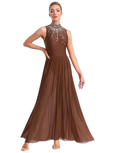 TTAO Damen Tanzkleider Lyrisch Tanzkostüm Ärmellos Ballett Kleid Maxi Latein Rumba Tango Kleid Modern Lyrisch Tanzkleid Braun M von TTAO