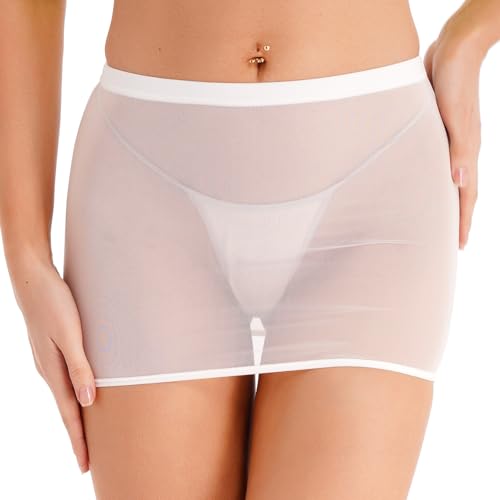 TTAO Damen Transparent Rock Minirock Extrem Kurz Unterrock Slim Fit/Ausgestellt Röckchen Erotische Dessous Reizwäsche Weiß A L von TTAO