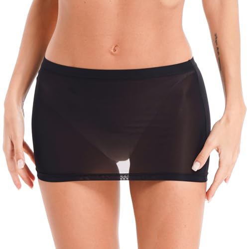 TTAO Damen Transparent Rock Sexy Minirock Extrem Kurz Unterrock Slim Fit/Ausgestellt Röckchen Erotische Dessous Reizwäsche Schwarz C L von TTAO