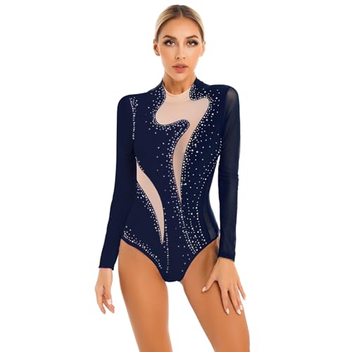 TTAO Damen Turnanzug Ballett Tanz-Body Langarm Bodysuit Gymnastikbody Trikot Gymnastik Leotard Top Latein Overalls Wettkampf Turnanzug Navy blau XXL von TTAO