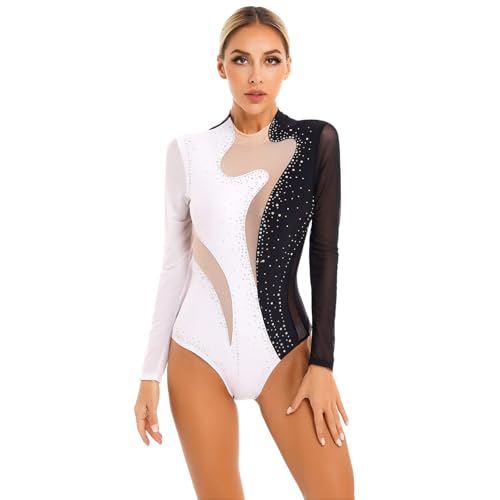 TTAO Damen Turnanzug Ballett Tanz-Body Langarm Bodysuit Gymnastikbody Trikot Gymnastik Leotard Top Latein Overalls Wettkampf Turnanzug Schwarz-Weiss M von TTAO