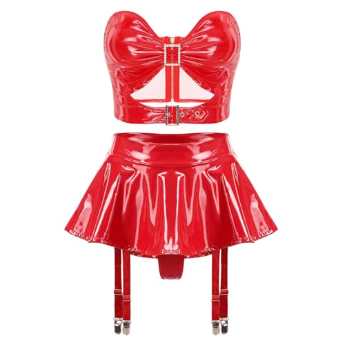 TTAO Damen Wetlook Dessous Set Lack Leder Crop Top und Hohe Taille Minirock Strapsgürtel Rock Lingerie Nachtclub Gogo Outfit Clubwear Rot M von TTAO