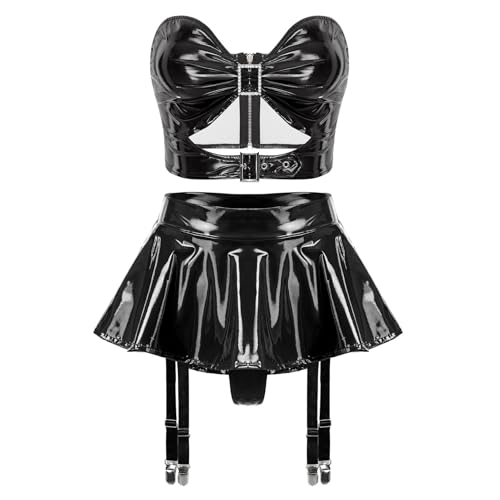TTAO Damen Wetlook Dessous Set Lack Leder Crop Top und Hohe Taille Minirock Strapsgürtel Rock Lingerie Nachtclub Gogo Outfit Clubwear Schwarz XXL von TTAO
