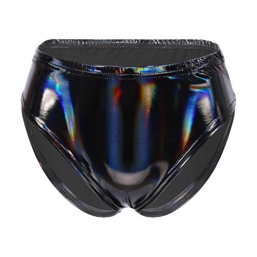 TTAO Damen Wetlook Slip Hohe Taille Bikinihose Stretch Lack Leder Optik Hotpants Booty Shorts Reizwäsche Gogo Tanz Outfits Clubwear Black A I M von TTAO
