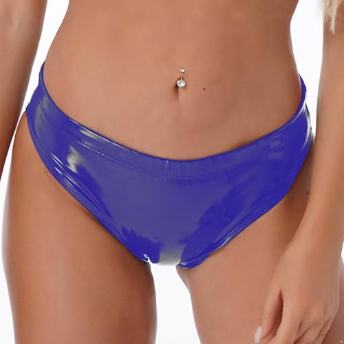 TTAO Damen Wetlook Slip Hohe Taille Bikinihose Stretch Lack Leder Optik Hotpants Booty Shorts Reizwäsche Gogo Tanz Outfits Clubwear Blau I S von TTAO