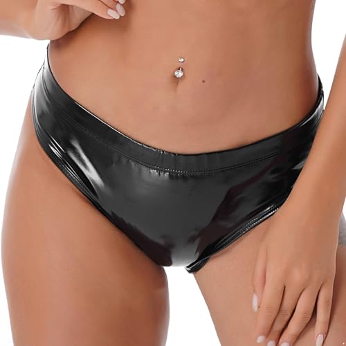 TTAO Damen Wetlook Slip Hohe Taille Bikinihose Stretch Lack Leder Optik Hotpants Booty Shorts Reizwäsche Gogo Tanz Outfits Clubwear Schwarz I M von TTAO