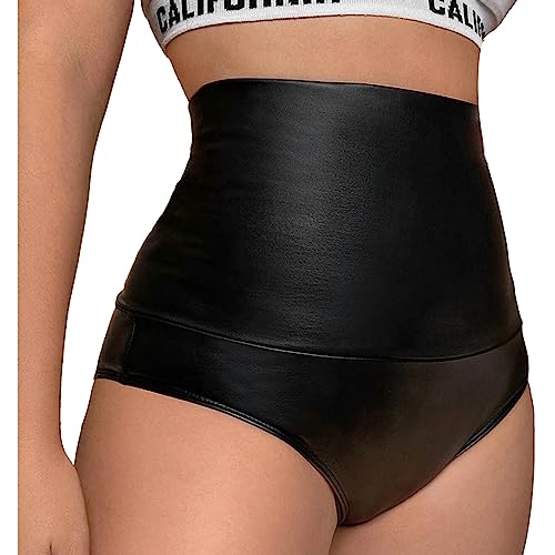 TTAO Damen Wetlook Slip Hohe Taille Bikinihose Stretch Lack Leder Optik Hotpants Booty Shorts Reizwäsche Gogo Tanz Outfits Clubwear Schwarz R L von TTAO