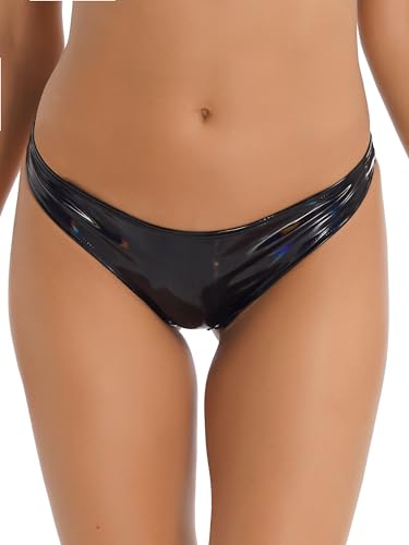 TTAO Damen Wetlook String Tanga Micro Mini Bikinihose Low Rise Slip Lack Leder Unterwäsche Reizvolle Hot Pants Clubwear Schwarz B M von TTAO