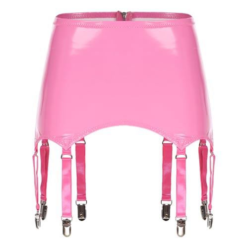 TTAO Damen Wetlook Strumpfgürtel Sexy String Strumpfhalter Strapsgürtel mit Metall Clips Stretch Strumpfband Lack Leder Dessous Gogo Outfit Clubwear Rosa XL von TTAO