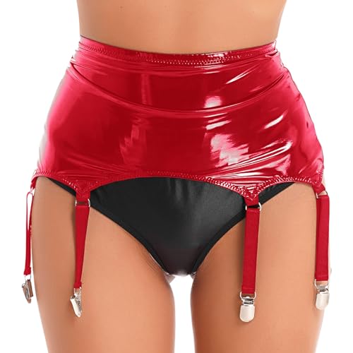 TTAO Damen Wetlook Strumpfgürtel Sexy String Strumpfhalter Strapsgürtel mit Metall Clips Stretch Strumpfband Lack Leder Dessous Gogo Outfit Clubwear Rot 4XL von TTAO