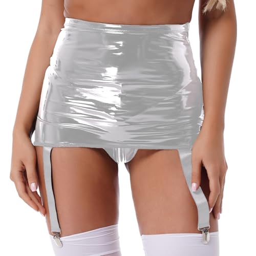 TTAO Damen Wetlook Strumpfgürtel mit 4 Bändern und Metall Clips Hohe Taille Rock Super Kurz Minirock Lack Leder Strümpfe Socken Befestigung Silber M von TTAO
