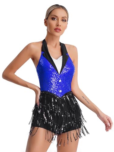 TTAO Damen ärmelloses Tanzkleid mit Fransen 80er 90er Jahre Tanz Trikot Pailletten Jazz Tanz Kostüm Musical Hip Hop Tanzkleidung Blau S von TTAO