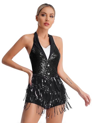 TTAO Damen ärmelloses Tanzkleid mit Fransen 80er 90er Jahre Tanz Trikot Pailletten Jazz Tanz Kostüm Musical Hip Hop Tanzkleidung Schwarz S von TTAO