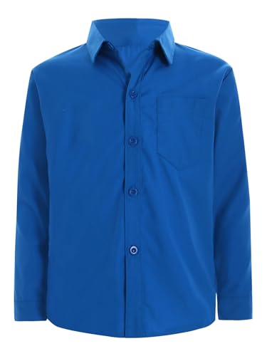 TTAO Einfarbiges Hemd Kinder Jungen Langarm Oberteil Button Down Shirt Regular Fit Reverskragen Schuluniform Party Freizeit Hemd Gr. 110-164 Blau 110-116 von TTAO