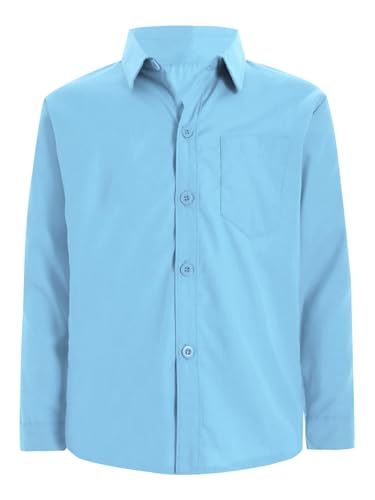 TTAO Einfarbiges Hemd Kinder Jungen Langarm Oberteil Button Down Shirt Regular Fit Reverskragen Schuluniform Party Freizeit Hemd Gr. 110-164 Hellblau 146-152 von TTAO