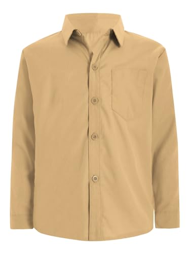 TTAO Einfarbiges Hemd Kinder Jungen Langarm Oberteil Button Down Shirt Regular Fit Reverskragen Schuluniform Party Freizeit Hemd Gr. 110-164 Khaki 110-116 von TTAO