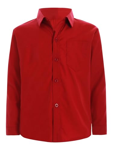 TTAO Einfarbiges Hemd Kinder Jungen Langarm Oberteil Button Down Shirt Regular Fit Reverskragen Schuluniform Party Freizeit Hemd Gr. 110-164 Rot 146-152 von TTAO