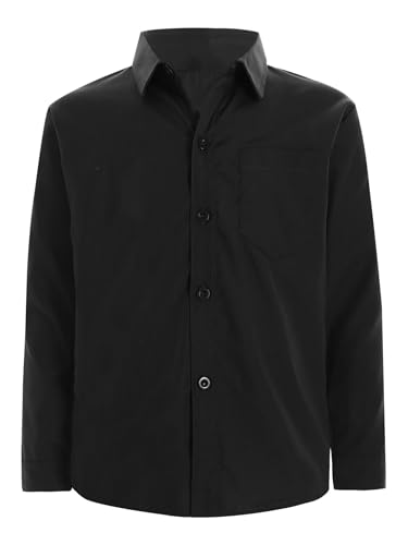TTAO Einfarbiges Hemd Kinder Jungen Langarm Oberteil Button Down Shirt Regular Fit Reverskragen Schuluniform Party Freizeit Hemd Gr. 110-164 Schwarz 158-164 von TTAO