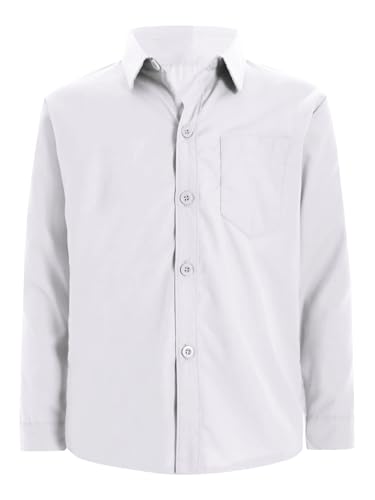 TTAO Einfarbiges Hemd Kinder Jungen Langarm Oberteil Button Down Shirt Regular Fit Reverskragen Schuluniform Party Freizeit Hemd Gr. 110-164 Weiß 146-152 von TTAO