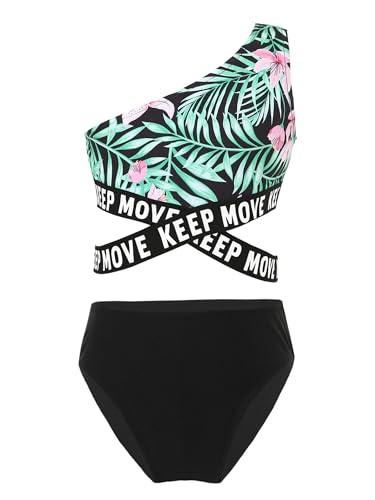 TTAO Mädchen Bademode Bikini Set Hawaiian Bedruckte Crop-Top Mit Bikini Slip Sommer Strand Bademode Badebekleidung Schwimmen 5-13 Jahre Grüne Lilie 170-176 von TTAO