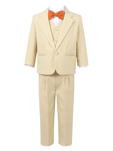 TTAO Festlicher Kinderanzug 5 Pcs Jungen Smoking Anzug Set Kinder Blazer mit Hosen Outfi Jungenanzug für Hochzeit Kommunion Khaki 92 von TTAO