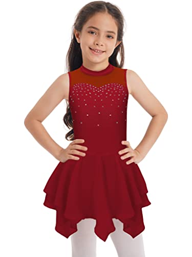 TTAO Gymnastikanzug Kinder Mädchen Ärmellos Eiskunstlauf Kleid Ballettkleid Turnanzug Ballettröckchen Kleid Trikotanzug Training Gymnastikbody Burgundy F 158-164 von TTAO