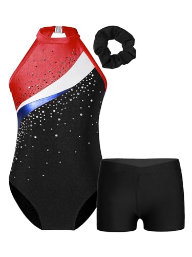 TTAO Gymnastikanzug Kinder Mädchen Ärmellos Turnanzug Trikotanzug Tanz Gymnastik Training Dancewear Gymnastikbody mit Haarband und Shorts A Schwarz&Rot 122-128 von TTAO