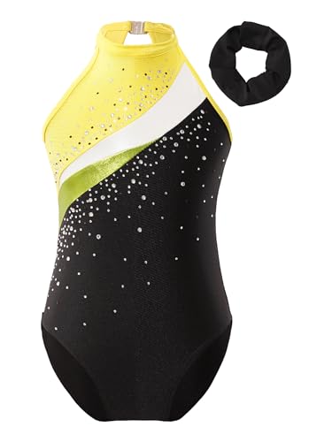 TTAO Gymnastikanzug Kinder Mädchen Ärmellos Turnanzug Trikotanzug Tanz Gymnastik Training Dancewear Gymnastikbody mit Haarband und Shorts Gelb A 110-116 von TTAO