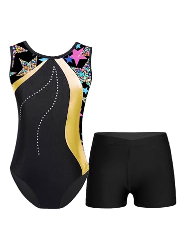 TTAO Gymnastikanzug Kinder Mädchen Ärmellos Turnanzug Trikotanzug Tanz Gymnastik Training Dancewear Gymnastikbody mit Haarband und Shorts Gelb E 122-128 von TTAO