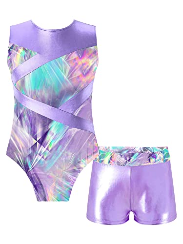 TTAO Gymnastikanzug Kinder Mädchen Ärmellos Turnanzug Trikotanzug Tanz Gymnastik Training Dancewear Gymnastikbody mit Haarband und Shorts Lavendel I 122-128 von TTAO