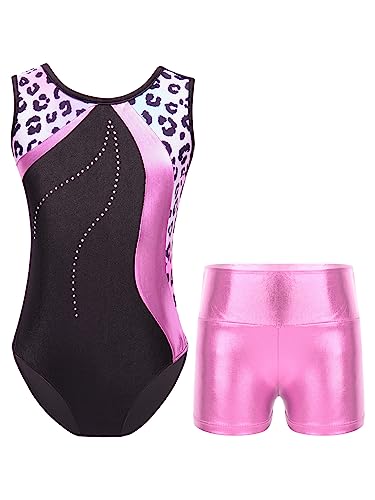 TTAO Gymnastikanzug Kinder Mädchen Ärmellos Turnanzug Trikotanzug Tanz Gymnastik Training Dancewear Gymnastikbody mit Haarband und Shorts Leopard F 122-128 von TTAO