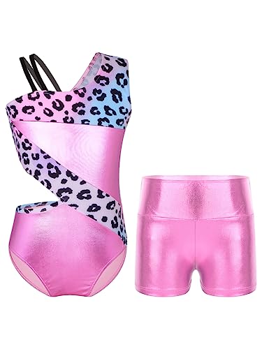 TTAO Gymnastikanzug Kinder Mädchen Ärmellos Turnanzug Trikotanzug Tanz Gymnastik Training Dancewear Gymnastikbody mit Haarband und Shorts Leopard G 122-128 von TTAO