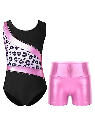 TTAO Gymnastikanzug Kinder Mädchen Ärmellos Turnanzug Trikotanzug Tanz Gymnastik Training Dancewear Gymnastikbody mit Haarband und Shorts Leopard H 134-140 von TTAO