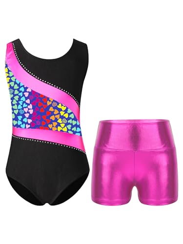 TTAO Gymnastikanzug Kinder Mädchen Ärmellos Turnanzug Trikotanzug Tanz Gymnastik Training Dancewear Gymnastikbody mit Haarband und Shorts Regenbogenherz H 146-152 von TTAO