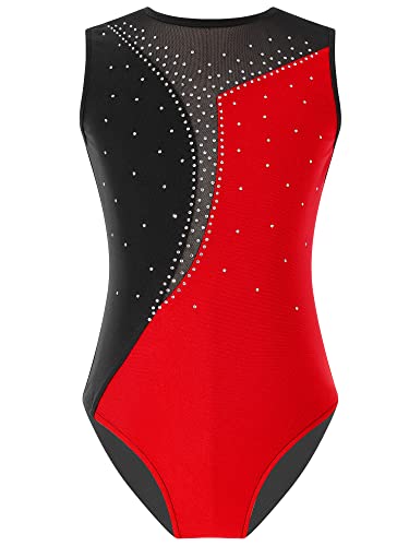 TTAO Gymnastikanzug Kinder Mädchen Ärmellos Turnanzug Trikotanzug Tanz Gymnastik Training Dancewear Gymnastikbody mit Haarband und Shorts Rot B 134-140 von TTAO