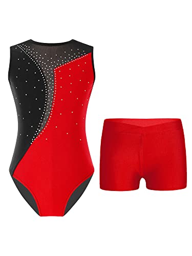 TTAO Gymnastikanzug Kinder Mädchen Ärmellos Turnanzug Trikotanzug Tanz Gymnastik Training Dancewear Gymnastikbody mit Haarband und Shorts Rot C 122-128 von TTAO