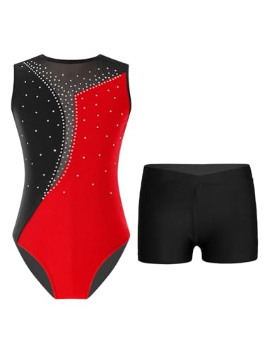 TTAO Kinder Mädchen Ärmellos Gymnastikanzug mit Strassstein Training Leotard mit Shorts Turn Set Gymnastik Training Dancewear Gymnastikbody Rot schwarz 122-128 von TTAO