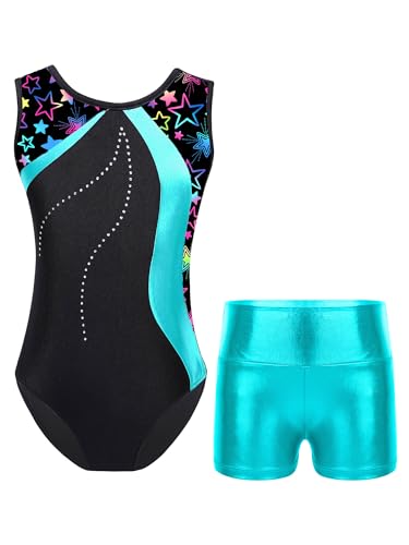 TTAO Gymnastikanzug Kinder Mädchen Ärmellos Turnanzug Trikotanzug Tanz Gymnastik Training Dancewear Gymnastikbody mit Haarband und Shorts See Grün F 110-116 von TTAO