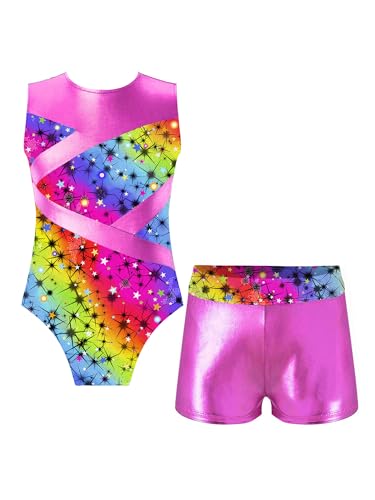 TTAO Gymnastikanzug Kinder Mädchen Ärmellos Turnanzug Trikotanzug Tanz Gymnastik Training Dancewear Gymnastikbody mit Haarband und Shorts Sternenklarer Regenbogen I 110-116 von TTAO