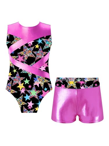 TTAO Gymnastikanzug Kinder Mädchen Ärmellos Turnanzug Trikotanzug Tanz Gymnastik Training Dancewear Gymnastikbody mit Haarband und Shorts Sternenklares Schwarz I 110-116 von TTAO