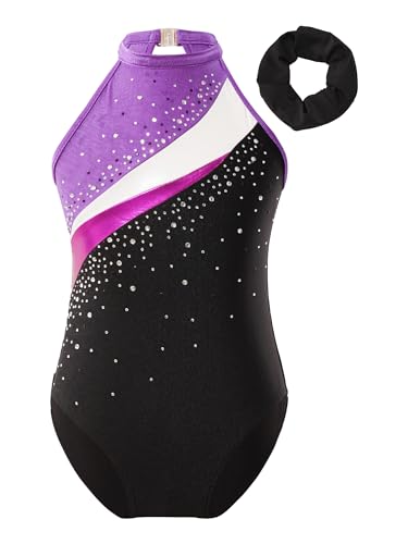 TTAO Gymnastikanzug Kinder Mädchen Ärmellos Turnanzug Trikotanzug Tanz Gymnastik Training Dancewear Gymnastikbody mit Haarband und Shorts Violett A 146-152 von TTAO