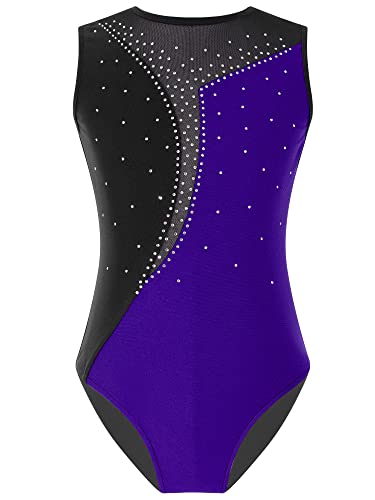 TTAO Gymnastikanzug Kinder Mädchen Ärmellos Turnanzug Trikotanzug Tanz Gymnastik Training Dancewear Gymnastikbody mit Haarband und Shorts Violett B 134-140 von TTAO