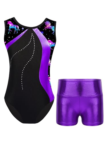 TTAO Gymnastikanzug Kinder Mädchen Ärmellos Turnanzug Trikotanzug Tanz Gymnastik Training Dancewear Gymnastikbody mit Haarband und Shorts Violett F 122-128 von TTAO