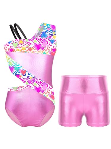 TTAO Gymnastikanzug Kinder Mädchen Ärmellos Turnanzug Trikotanzug Tanz Gymnastik Training Dancewear Gymnastikbody mit Haarband und Shorts Zebra G 122-128 von TTAO