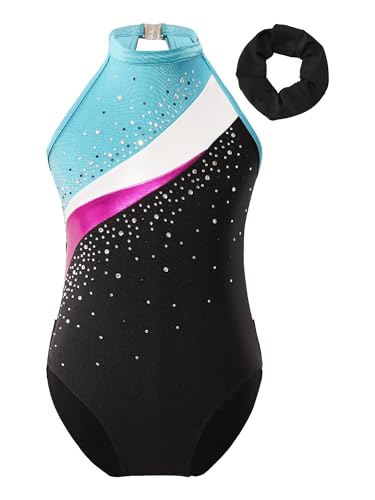 TTAO Gymnastikanzug Kinder Mädchen Ärmellos Turnanzug Trikotanzug Tanz Gymnastik Training Dancewear Gymnastikbody mit Haarband und Shorts blauer See A 122-128 von TTAO