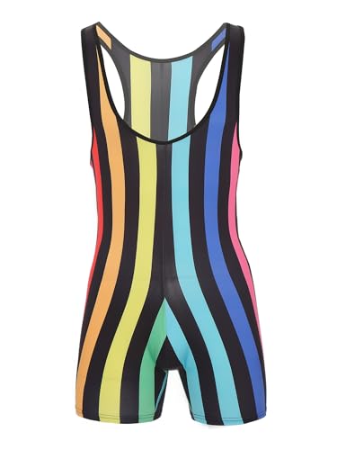 TTAO Herren Einteiler Unterwäsche Sport Body Boxershorts Retroshorts mit Hosenträgern Tank Top Unterhemd Wrestling Singlet Leotards Regenbogen D XXL von TTAO